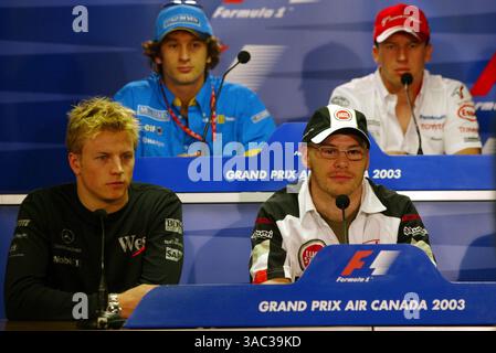 Conferenza stampa FIA (da Back Row (da L a R)): Jarno Trulli (ITA) Renault; Olivier Panis (fra) Toyota; Kimi Raikkonen (fin) McLaren; Jacques Villeneuve (CDN) BAR..Formula 1 World Championship, RD8, Canadian Grand Prix, preparativi, Montreal, Canada, 12 giugno 2003..IMMAGINE DIGITALE (immagine di credito: ©Sutton Motorsports/ZUMA Press) Foto Stock