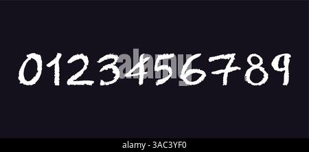 Numeri bianchi 0-9, disegnati a mano in pastello di cera o pastello. Effetto evidenziatore su una lavagna, materiali di apprendimento, perfetto per l'asilo Illustrazione Vettoriale