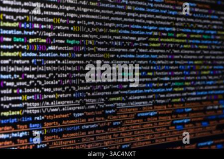Codice sorgente del software. Codice di programmazione. Memorizzazione del codice sullo schermo del calcolatore. Sviluppatore che lavora sui codici di programma in ufficio. Foto del codice sorgente. Technolo Foto Stock