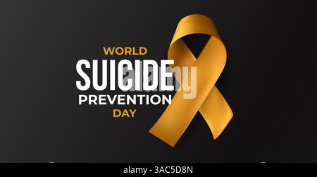 Nastro arancione con titolo World Suicide Prevention Day su sfondo nero. Chiamata emotiva per la salute mentale, speranza, supporto. Vettore 3D lucido realistico Illustrazione Vettoriale