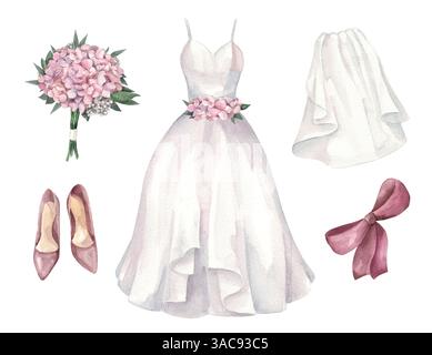 Serie di illustrazioni ad acquerello sul tema del matrimonio. Abito bianco, nastri di velo e seta per inviti e biglietti Foto Stock