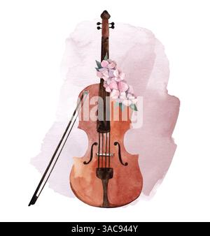 Illustrazione ad acquerello di violino con delicati fiori rosa. Strumento musicale con giacinti Foto Stock