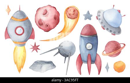 Serie di illustrazioni ad acquerello sul tema dello spazio isolato su uno sfondo bianco. Pianeti, razzi e asteroidi disegnati a mano Foto Stock