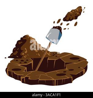 Scavare un buco per una tomba o uno scavo nel deserto. Illustrazione piatta del cartone animato con un mucchio di sporco, pietre e una pala su sfondo bianco. IDE Illustrazione Vettoriale