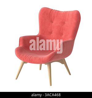 Comoda poltrona rosa corallo con gambe in legno isolate in 3d. Foto Stock