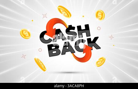 Banner cashback con moneta d'oro con scritta in grassetto e simbolo di freccia. Brillante illustrazione vettoriale 3D per promozioni, sconti, premi finanziari o offerte di shopping online. Perfetto per annunci commerciali e di marketing Illustrazione Vettoriale
