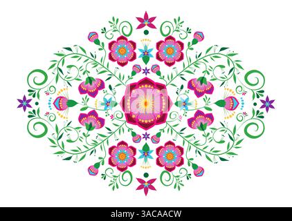 Motivi floreali vettoriali in stile folk messicano, cornici floreali ispirate ai tradizionali ricami messicani, illustrazione isolata Illustrazione Vettoriale