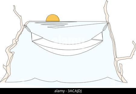 Amaca appesa agli alberi con un tramonto sul mare sullo sfondo disegno continuo di una linea. Illustrazione vettoriale minimalista a linea singola, Illustrazione Vettoriale