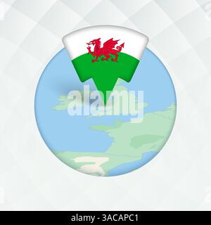 Mappa Galles evidenziata con indicatore. Puntatore a bandiera sulla mappa geografica. Illustrazione Vettoriale