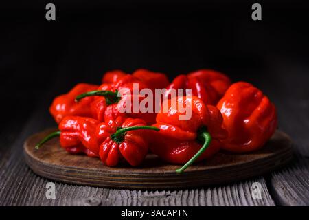 Tagliere in legno con mucchio di succosi peperoni habanero rossi (capsicum chinense) su tavola rustica. Peperoni messicani molto caldi da vicino Foto Stock