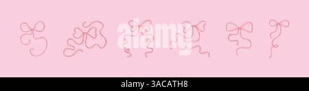 Set di fiocchi rosa linea carina. Accessori per zoccoli femminili. Illustrazione vettoriale in stile coquette disegnata a mano. Minuscolo color pastello filigrana femminile c Illustrazione Vettoriale