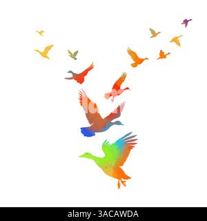 Uno stormo di anatre colorate che volano. disegno a mano. Non IA. Illustrazione vettoriale Illustrazione Vettoriale