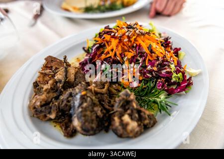 Bocconcini di carne di maiale di cinghiale in salsa di aceto balsamico piatto tradizionale sardo in Sardegna con contorno di semi Foto Stock