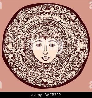 Ritratto vettoriale di una donna all'interno di un simbolo del sole inca. Audace design tribale circolare con linee artistiche forti. Illustrazione Vettoriale