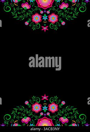 Motivi floreali vettoriali in stile folk messicano, cornici floreali ispirate ai tradizionali ricami messicani, illustrazione isolata Illustrazione Vettoriale