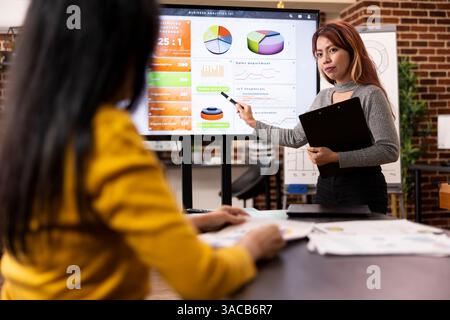 L'analista asiatico si trova vicino allo schermo LED, spiegando l'analisi aziendale a un collega seduto. Una manager donna con un appunti conduce una discussione, indicando un monitor che visualizza i dati aziendali. Foto Stock