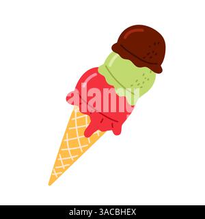 Colorato cono gelato con tre gusti in una giornata di sole al parco Illustrazione Vettoriale