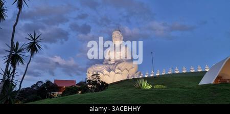 Mentre l'ultima luce del giorno lascia il posto al crepuscolo, una statua bianca di Buddha serena e maestosa si trova in una tranquilla cima a una collina verdeggiante. Foto Stock