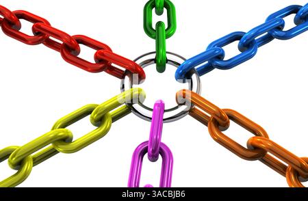 Collaborazione di squadra e concetto di collaborazione aziendale con catene collegate in diversi colori illustrazione 3D su sfondo bianco. Foto Stock