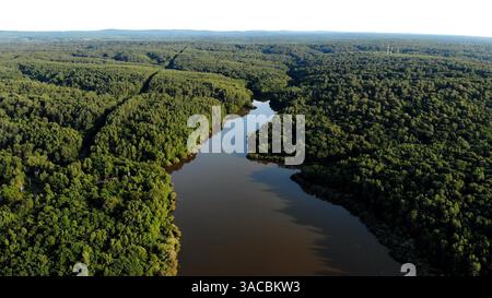 Natura sul fiume Amur in Russia. Prospettiva aerea che rivela il tortuoso fiume che si snoda nel verde del bosco con un sereno e serpente canale navigabile Foto Stock