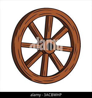 Illustrazione a cartoni di una vecchia ruota del carrello in legno incrinata. Ideale per ambienti rurali e design rustici. Illustrazione Vettoriale