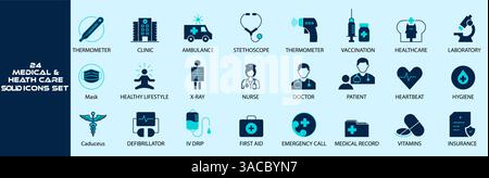 Set di 24 icone solide mediche e sanitarie in formato vettoriale. Illustrazione Vettoriale