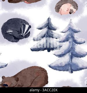 Disegno a mano senza cuciture con tassi addormentati, ricci e orsi, alberi invernali. Le morbide texture ad acquerello creano un'atmosfera calda e fiabesca. Perfetto Foto Stock