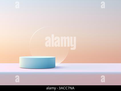 Morbido sfondo a gradiente pastello con podio cilindrico 3D azzurro su una piattaforma rosa pallido, caratterizzato da un elemento circolare trasparente per la profondità. Min Illustrazione Vettoriale