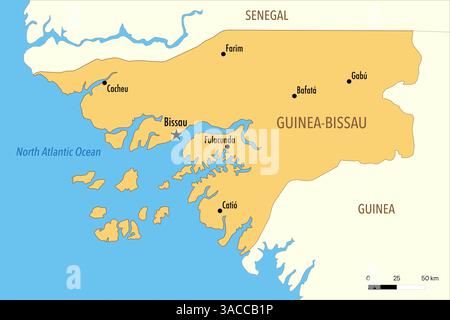 Mappa della Guinea-Bissau con le principali città e i paesi vicini Foto Stock