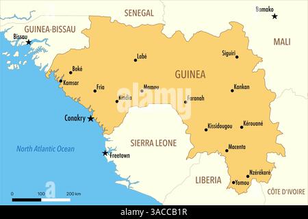 Mappa della Guinea con le principali città e i paesi vicini Foto Stock