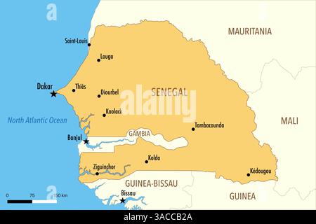 Mappa del Senegal con le principali città e i paesi vicini Foto Stock