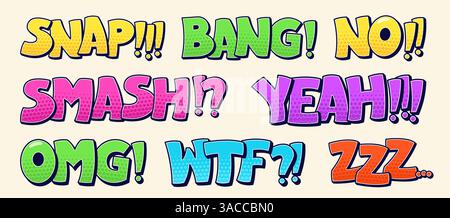 Confezione di bolle di colore con Mondi SNAP, Bang, no, Smash, sì, omg, wtf, zzz. Illustrazione Vettoriale