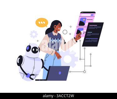 L'intelligenza artificiale aiuta ad analizzare i dati. Grafica vettoriale per macchine ai o sistemi robot, chat bot. Tecnologia intellettiva su Internet Illustrazione Vettoriale