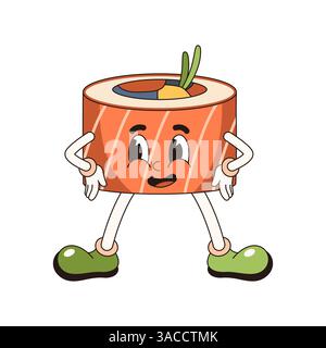 Sushi roll vintage philadelphia con il viso. Poster vettoriale del pesce che cammina per il ristorante. Alimentazione riso asiatico, cibo tradizionale giapponese. Illustrazione Vettoriale