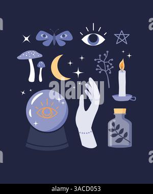 Collezione di elementi magici, illustrazione. Foto Stock