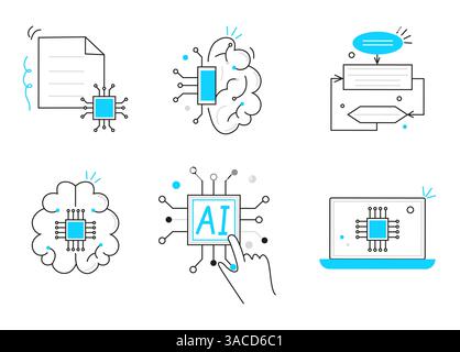 Intelligenza artificiale, tra cui cibernetica, apprendimento automatico, set di icone robotiche, vettore di linea. Risoluzione dei problemi di INTELLIGENZA ARTIFICIALE, algoritmi e tecnologia di intelligenza artificiale Illustrazione Vettoriale