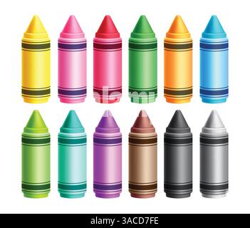 Set clipart elementi pastelli colorati. pastelli di cera 3d per i materiali artistici per la scuola collezione di clip art vettoriale di elementi strumenti realistici multicolori Illustrazione Vettoriale