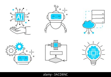 Intelligenza artificiale, tra cui cibernetica, apprendimento automatico, set di icone robotiche, vettore di linea. Risoluzione dei problemi di INTELLIGENZA ARTIFICIALE, algoritmi e tecnologia di intelligenza artificiale Illustrazione Vettoriale