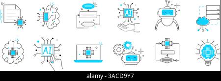 Intelligenza artificiale, tra cui cibernetica, apprendimento automatico, set di icone robotiche, vettore di linea. Risoluzione dei problemi di INTELLIGENZA ARTIFICIALE, algoritmi e tecnologia di intelligenza artificiale Illustrazione Vettoriale