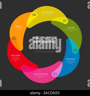 Questa vivace infografica circolare presenta sei sezioni in colori diversi per una presentazione dei dati diversificata. Il design è multiuso, ideale per il busin Illustrazione Vettoriale