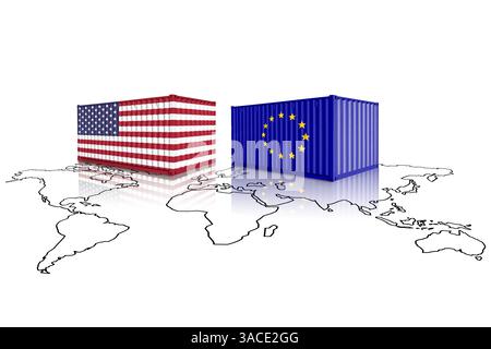 Container commerciali prodotti dagli Stati Uniti, bandiere UE su una mappa mondiale. L'Unione europea e gli Stati Uniti d'America commerciano, dazi e dazi Foto Stock