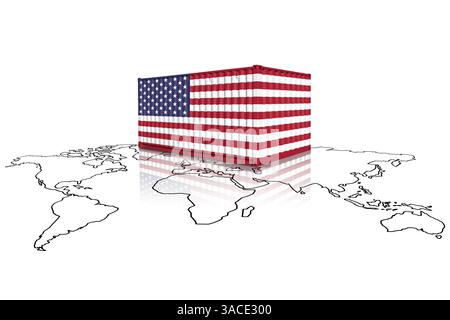 Commercio di container fatti di bandiere USA su una mappa del mondo. Guerra commerciale, doganale e tariffaria degli Stati Uniti d'America Foto Stock