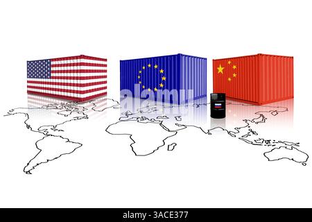 Container commerciali costituiti da bandiere USA, UE e Cina su una mappa mondiale. Barile di petrolio greggio con bandiera della Russia Foto Stock
