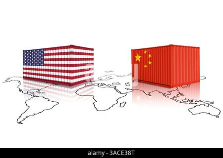 Commercio di container fatti di bandiere USA e Cina su una mappa del mondo. Cina e Stati Uniti d'America commerciano, dazi e guerra tariffaria Foto Stock