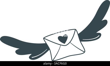 Lettera con ali, illustrazione in stile schizzo. Busta carina con cuore in volo. Il concetto di inviare un messaggio, lettera d'amore, consegna. Disegnato a mano Illustrazione Vettoriale