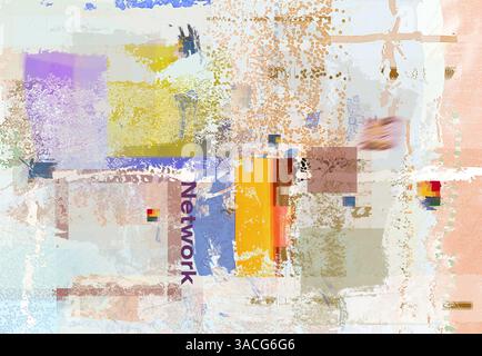 Illustrazione digitale mappa astratta, lettere di rete, diversi colori, quadrati e linee, opere d'arte moderne Foto Stock