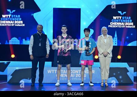 Chennai, India. 30 marzo 2025. Il diciottenne Oh Jun-sung ha trionfato sul concorrente francese Thibault Poret in un avvincente match maschile di sette partite Foto Stock