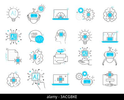Set di icone con linea blu che rappresentano vari aspetti del vettore dell'intelligenza artificiale, tra cui un chatbot, cibernetica, apprendimento automatico, robotica Illustrazione Vettoriale