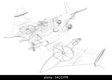 Un disegno in bianco e nero di un aereo con un'elica. Il piano è mostrato in una sezione trasversale, con l'elica chiaramente visibile. Il disegno è di Illustrazione Vettoriale