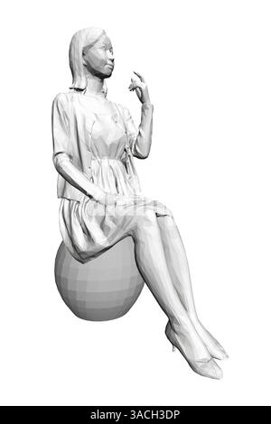 Una donna è seduta su una palla. Indossa un vestito bianco e ha le mani sui fianchi. L'immagine ha un'atmosfera calma e tranquilla Illustrazione Vettoriale
